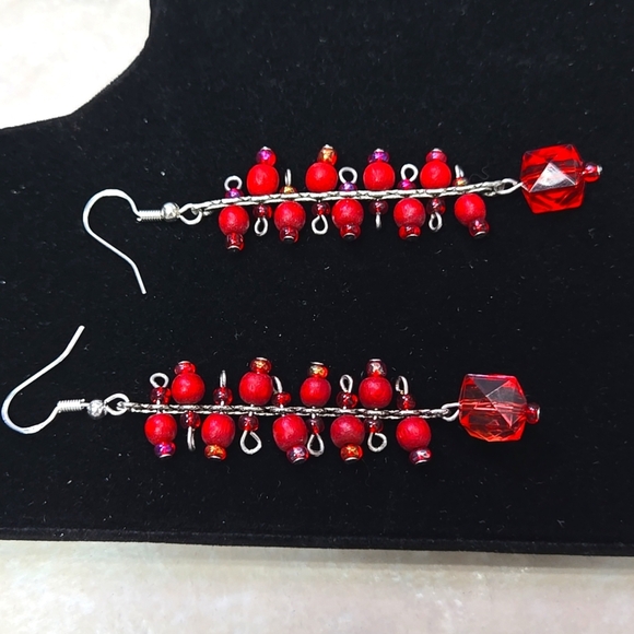 Sliver925 Hook Red Beaded Drop Earrings - Picture 4 of 15